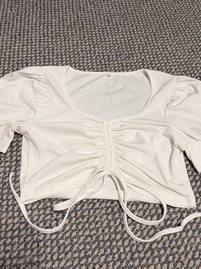 Ruched Drawstring Scoop-Neck White Crop Top
